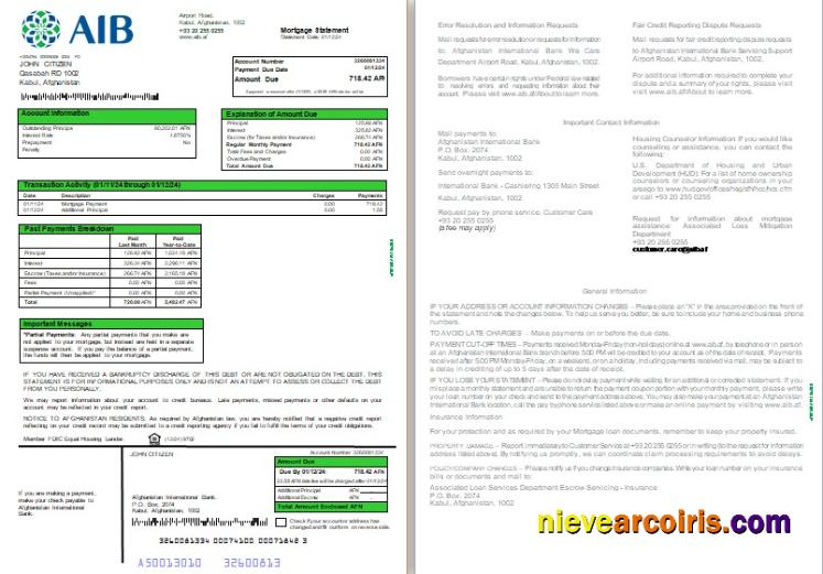 Afghanistan International Bank (AIB) mortgage statement, 3 pages 1-2